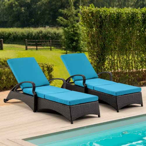 RYNSTO Patio Chaise Lounge 2 Sets with 5 Backrest Angles, Single Adjustable Patio Wicker Lounge Chair with Water Repellent Cushion and Wheels for Poolside Backyard Deck Porch Garden, Blue