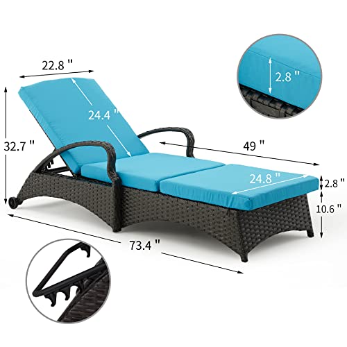 RYNSTO Patio Chaise Lounge 2 Sets with 5 Backrest Angles, Single Adjustable Patio Wicker Lounge Chair with Water Repellent Cushion and Wheels for Poolside Backyard Deck Porch Garden, Blue