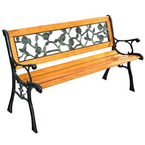 tangkula outdoor garden bench park bench, patio iron bench chair with cast iron & hardwood structure, weather proof porch loveseat, perfect for backyard, deck, lawn, poolside
