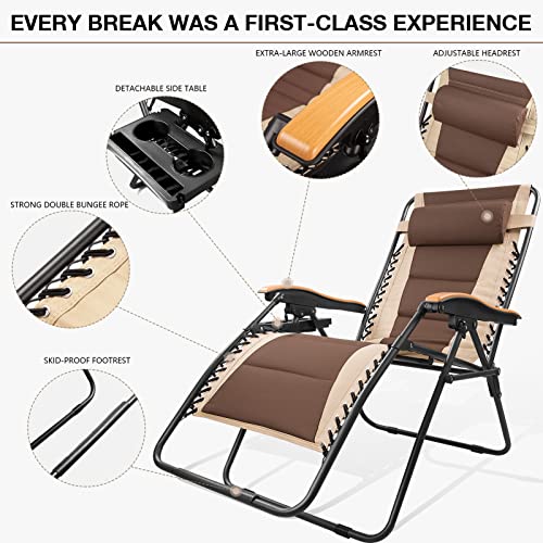 FREE SOLDIER Oversized XL Padded Adjustable Reclining Folding Chair with Cup Holder 400lb Capacity Gravity Chairs Anti Gravity Chairs Zero Gravity Chairs (Brown)
