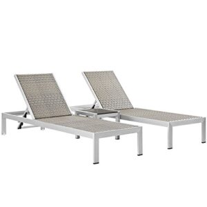 modway shore aluminum and rattan outdoor patio two lounge chaise and side table in silver gray