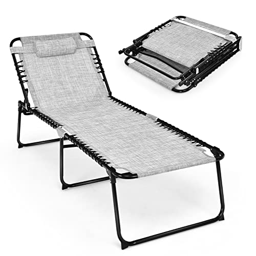 Giantex Patio Lounge Chair Folding Tanning Chair, Sunbathing Chaise Lounge W/Removable Headrest, 4-Gear Backrest, 2-Position Adjustable Anti-Skid Foot-Pads, Portable Camping Beach Chair (1, Gray)