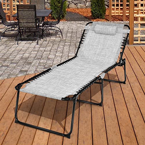 Giantex Patio Lounge Chair Folding Tanning Chair, Sunbathing Chaise Lounge W/Removable Headrest, 4-Gear Backrest, 2-Position Adjustable Anti-Skid Foot-Pads, Portable Camping Beach Chair (1, Gray)