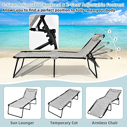 Giantex Patio Lounge Chair Folding Tanning Chair, Sunbathing Chaise Lounge W/Removable Headrest, 4-Gear Backrest, 2-Position Adjustable Anti-Skid Foot-Pads, Portable Camping Beach Chair (1, Gray)