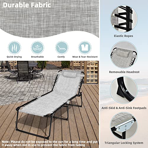 Giantex Patio Lounge Chair Folding Tanning Chair, Sunbathing Chaise Lounge W/Removable Headrest, 4-Gear Backrest, 2-Position Adjustable Anti-Skid Foot-Pads, Portable Camping Beach Chair (1, Gray)