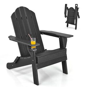 giantex adirondack chair outdoor folding chairs, hdpe weather resistant patio chair with built-in cup holder lawn chair for patio, backyard, balcony, deck outside plastic fire pit chair(1, black)