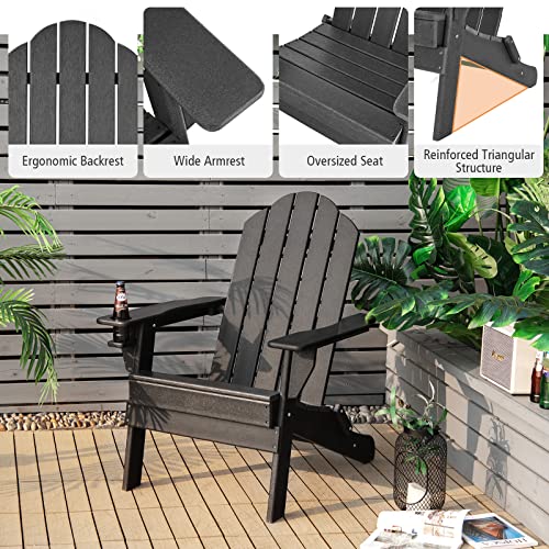 Giantex Adirondack Chair Outdoor Folding Chairs, HDPE Weather Resistant Patio Chair with Built-in Cup Holder Lawn Chair for Patio, Backyard, Balcony, Deck Outside Plastic Fire Pit Chair(1, Black)