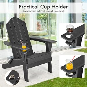 Giantex Adirondack Chair Outdoor Folding Chairs, HDPE Weather Resistant Patio Chair with Built-in Cup Holder Lawn Chair for Patio, Backyard, Balcony, Deck Outside Plastic Fire Pit Chair(1, Black)