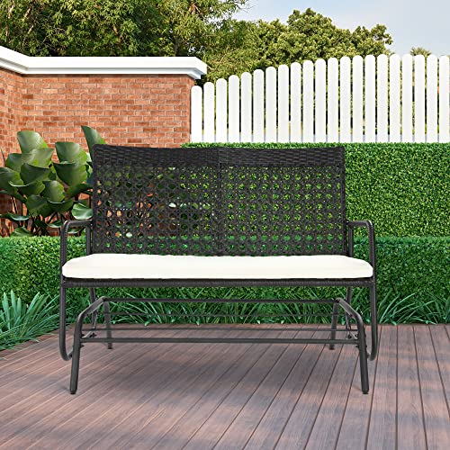 Outsunny 2-Person Outdoor Glider Bench, Handwoven PE Plastic Rattan Furniture, Cushioned Rocking Chair Loveseat for Backyard Garden Porch, Brown