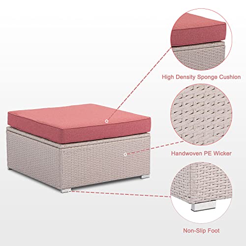 COSIEST Outdoor Furniture Add-on Ottoman for Expanding Wicker Sectional Sofa Thick Cushion for Garden, Pool, Backyard (Red)