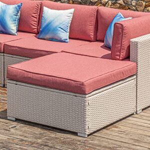 COSIEST Outdoor Furniture Add-on Ottoman for Expanding Wicker Sectional Sofa Thick Cushion for Garden, Pool, Backyard (Red)