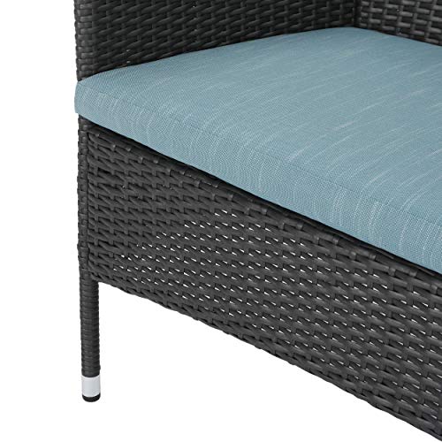 Christopher Knight Home Malta Outdoor Wicker Loveseat and Coffee Table Set with Water Resistant Cushions, Grey / Teal Cushion