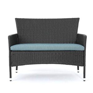 Christopher Knight Home Malta Outdoor Wicker Loveseat and Coffee Table Set with Water Resistant Cushions, Grey / Teal Cushion