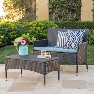 Christopher Knight Home Malta Outdoor Wicker Loveseat and Coffee Table Set with Water Resistant Cushions, Grey / Teal Cushion