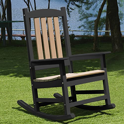 OTSUN Outdoor Rocking Chair, Patio Rocker Chair with High Back, All Weather Resistant Fade-Resistant Front Porch Rocking Chair, Stable Smooth Wood Rocker for Balcony, Yard (Black & Brown)