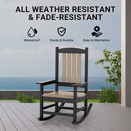 OTSUN Outdoor Rocking Chair, Patio Rocker Chair with High Back, All Weather Resistant Fade-Resistant Front Porch Rocking Chair, Stable Smooth Wood Rocker for Balcony, Yard (Black & Brown)