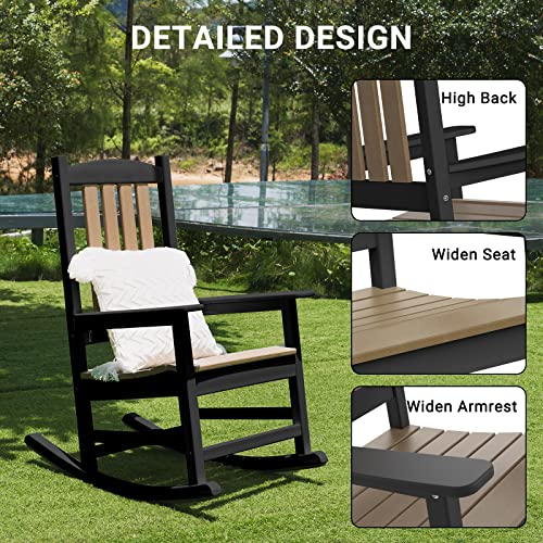 OTSUN Outdoor Rocking Chair, Patio Rocker Chair with High Back, All Weather Resistant Fade-Resistant Front Porch Rocking Chair, Stable Smooth Wood Rocker for Balcony, Yard (Black & Brown)