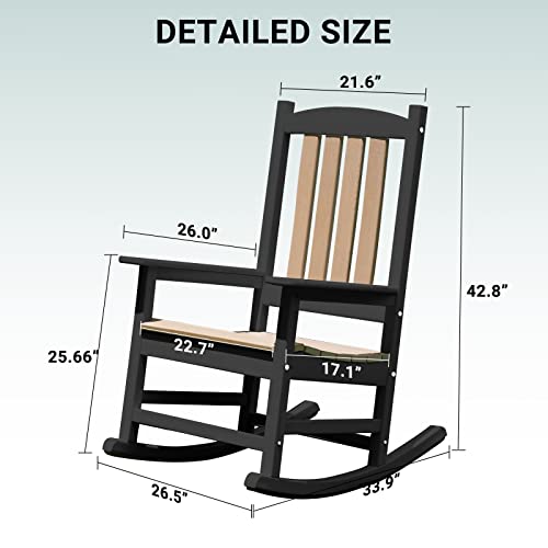 OTSUN Outdoor Rocking Chair, Patio Rocker Chair with High Back, All Weather Resistant Fade-Resistant Front Porch Rocking Chair, Stable Smooth Wood Rocker for Balcony, Yard (Black & Brown)