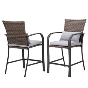 olmia outdoor bar stools set 0f 2, 2 pc wicker bar stools rattan patio bar stools with gray cushions and pillows, brown outside bar rattan counter stools with foot-rest – steel frame