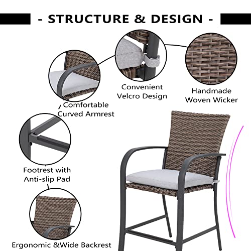 Olmia Outdoor Bar Stools Set 0f 2, 2 PC Wicker Bar Stools Rattan Patio Bar Stools with Gray Cushions and Pillows, Brown Outside Bar Rattan Counter Stools with Foot-Rest - Steel Frame