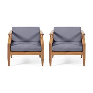 christopher knight home daisy outdoor club chair with cushion (set of 2), teak finish, dark gray