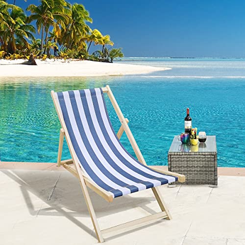 Recaceik Outdoor Patio Sling Chair Portable Folding Lounge Reclining with Stripes Adjustable Lawn Seat for Garden, Swimming Pool and Beach, Populus Wood