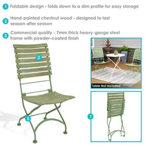 Sunnydaze Cafe Couleur European Chestnut Wooden Folding Bistro Chair - Portable, Compact Side Chair - Indoor or Outdoor Use - Patio, Deck, Balcony, Camping and Spare Seating - Green - Set of 2