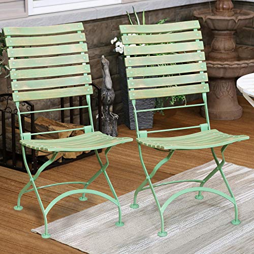 Sunnydaze Cafe Couleur European Chestnut Wooden Folding Bistro Chair - Portable, Compact Side Chair - Indoor or Outdoor Use - Patio, Deck, Balcony, Camping and Spare Seating - Green - Set of 2