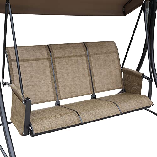 Outsunny 3-Seat Patio Swing Chair, Outdoor Porch Swing Glider with Adjustable Canopy, Side Pouches, Breathable Seat and Back, for Garden, Poolside, Backyard, Brown