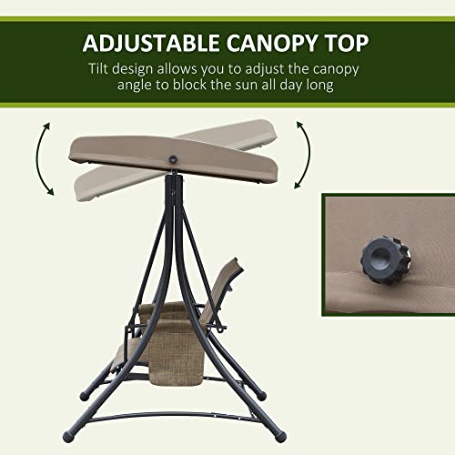 Outsunny 3-Seat Patio Swing Chair, Outdoor Porch Swing Glider with Adjustable Canopy, Side Pouches, Breathable Seat and Back, for Garden, Poolside, Backyard, Brown