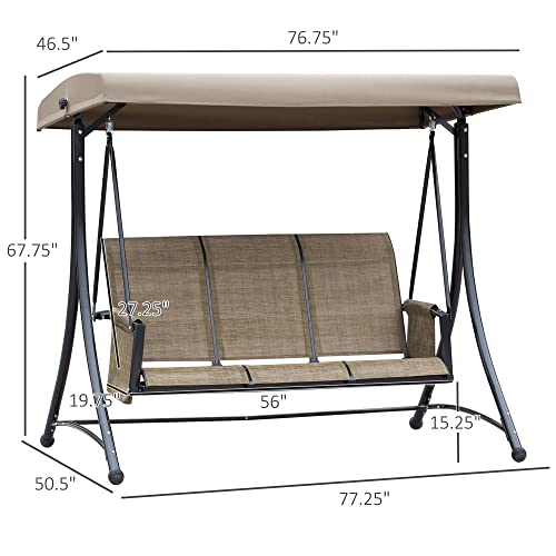 Outsunny 3-Seat Patio Swing Chair, Outdoor Porch Swing Glider with Adjustable Canopy, Side Pouches, Breathable Seat and Back, for Garden, Poolside, Backyard, Brown