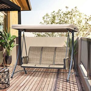 Outsunny 3-Seat Patio Swing Chair, Outdoor Porch Swing Glider with Adjustable Canopy, Side Pouches, Breathable Seat and Back, for Garden, Poolside, Backyard, Brown