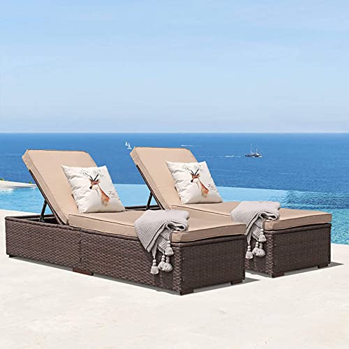 Patiorama Patio Chaise Lounge Chair, Sun Lounger, Outdoor Pool Beach Brown PE Rattan Wicker Reclining Chair W/Adjustable Backrest, Weather Cover, and Removable Cushion (Beige), Set of 2