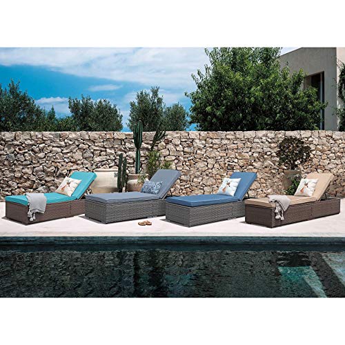 Patiorama Patio Chaise Lounge Chair, Sun Lounger, Outdoor Pool Beach Brown PE Rattan Wicker Reclining Chair W/Adjustable Backrest, Weather Cover, and Removable Cushion (Beige), Set of 2