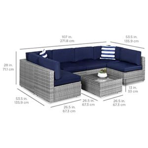 Best Choice Products 7-Piece Modular Outdoor Sectional Wicker Patio Furniture Conversation Sofa Set w/ 6 Chairs, 2 Pillows, Seat Clips, Coffee Table, Cover Included - Gray/Navy