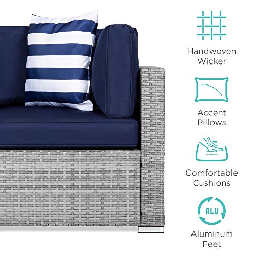 Best Choice Products 7-Piece Modular Outdoor Sectional Wicker Patio Furniture Conversation Sofa Set w/ 6 Chairs, 2 Pillows, Seat Clips, Coffee Table, Cover Included - Gray/Navy