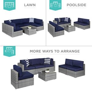 Best Choice Products 7-Piece Modular Outdoor Sectional Wicker Patio Furniture Conversation Sofa Set w/ 6 Chairs, 2 Pillows, Seat Clips, Coffee Table, Cover Included - Gray/Navy