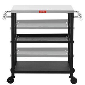 feasto rolling 3-tier adjustable outdoor pizza oven table and food prep cart table, home and outdoor multifunctional stainless steel table top worktable on four wheels, l34’’x w16.1’’x h33’’