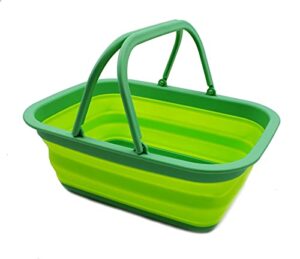 sammart 9.2l (2.37gallon) collapsible tub with handle – portable outdoor picnic basket/crater – foldable shopping bag – space saving storage container (1, dark green/fluorescent green)