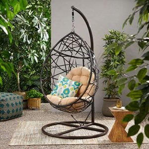 Christopher Knight Home Isaiah Indoor/Outdoor Wicker Tear Drop Hanging Chair (Stand Not Included), Multi-Brown and Tan