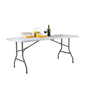 anjiong folding table 6ft portable heavy duty plastic fold-in-half utility picnic table plastic dining table indoor outdoor for camping white