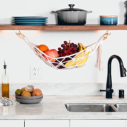 DEWECHO Macrame Fruit Hammock Under Cabinet - Banana Hammock for Boho Kitchen Decor - Hanging Fruit Hammock to Store All Your Produce in Small Places - Kitchen Storage Ideas also for RV