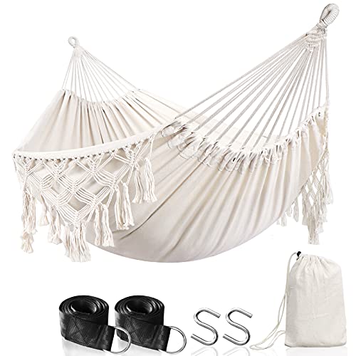 Anyoo Hammock Garden Cotton Hammock Comfortable Fabric Elegant Deluxe Tassels Durable Swing Hammock Up to 450lbs Portable Hammock with Travel Bag,Perfect for Porch Patio Yard Bedroom Outdoor/Indoor