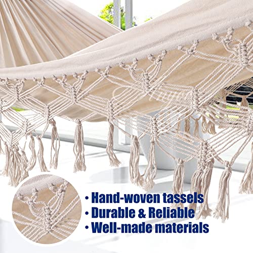 Anyoo Hammock Garden Cotton Hammock Comfortable Fabric Elegant Deluxe Tassels Durable Swing Hammock Up to 450lbs Portable Hammock with Travel Bag,Perfect for Porch Patio Yard Bedroom Outdoor/Indoor