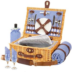 greenstell wicker picnic basket sets for 2 persons with high sealing insulation layer,waterproof picnic mat, removable strap and wine bag, tableware, picnic basket for family,party,outdoor,camping