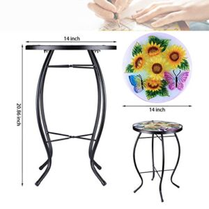 MUMTOP Patio Side Table Outdoor End Table Plant Stand 14’’ Round Accent Table Mosaic Glass Metal Side Table Sunflower Garden, Balcony Indoor Coffee Table…