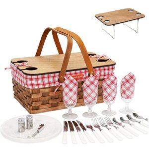 woodchip picnic basket for 4 with portable wine table, woven basket with double swing handles & removable cutlery service kit, large basket for picnic, camping, family, wedding gifts for couple,red