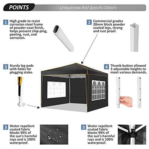 Alishebuy Pop Up Canopy with 4 Removable Sidewalls,10x10 Tent for Parties Waterproof Wedding Event Canopy,Instant Outdoor Gazebos with Church Window,Carry Bag,4 Stakes,Ropes & Sandbags