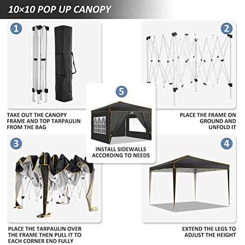 Alishebuy Pop Up Canopy with 4 Removable Sidewalls,10x10 Tent for Parties Waterproof Wedding Event Canopy,Instant Outdoor Gazebos with Church Window,Carry Bag,4 Stakes,Ropes & Sandbags