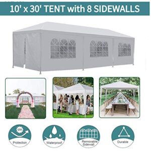 Heavy Duty Canopy Event Tent-10'x30' Outdoor White Gazebo Party Wedding Tent, Sturdy Steel Frame Shelter w/8 Removable Sidewalls Waterproof Sun Snow Rain Shelter Tent (10' x 30' with 8 sidewalls)